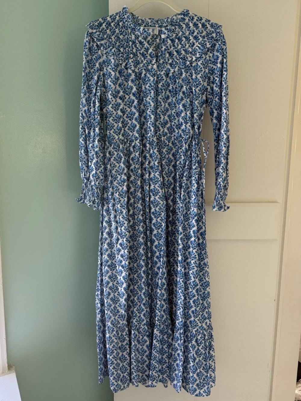 Blue Block Print Long Sleeve Pink City Prints Maxi Dress